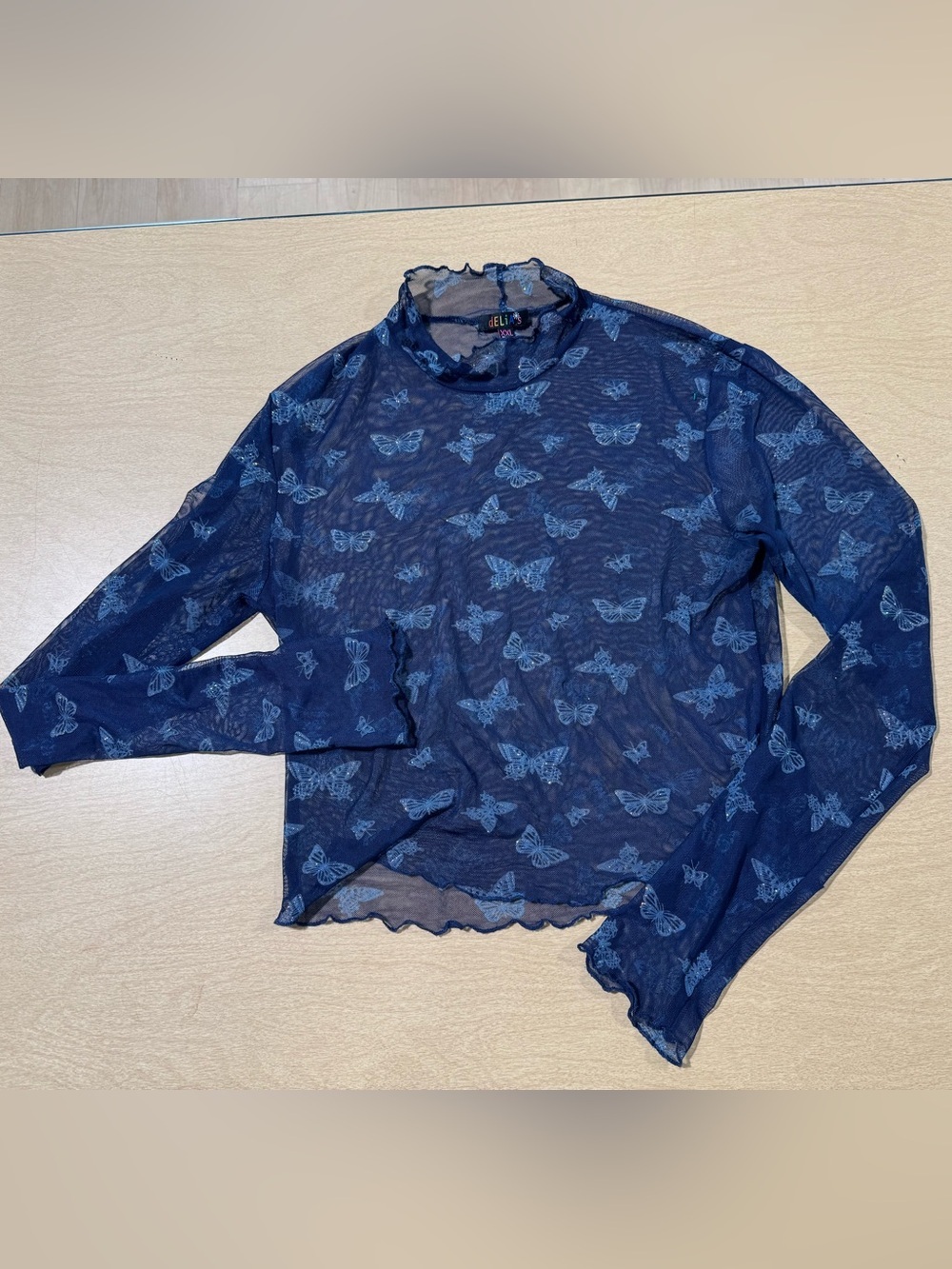 dELiA*s Navy Sheer Butterfly Mock Neck Long Sleeve Top